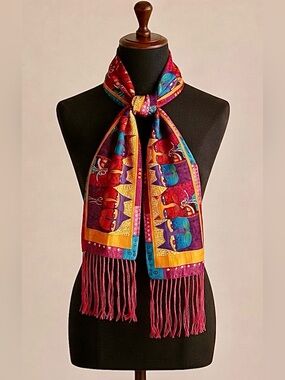 Laurel Burch "Fantastic Felines" 100% Silk Fringe Scarf